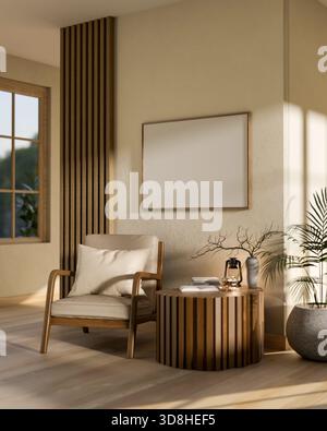 An empty frames hanging on the wall over armchair and a round table in a living room with wooden floor. Cosy Interior, 3D rendering, 3d illustration. Stock Photo