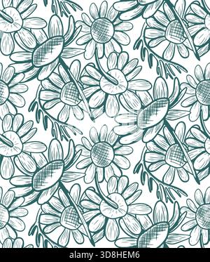 A seamless vector pattern with daisy flowers in a popular color. A monochrome botanical illustration featuring wildflowers. Hand-drawn line art with f Stock Photo