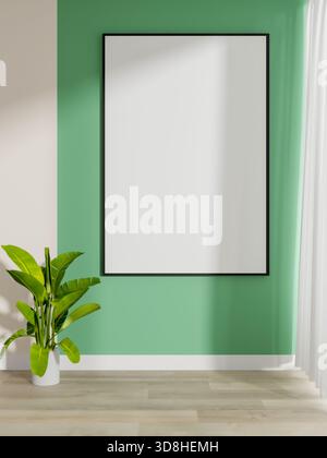 Blank white frame hanging on a mint green or turquoise wall over plant pot on wooden floor corridor. Cool paint colors, 3d rendering, 3d illustrations Stock Photo