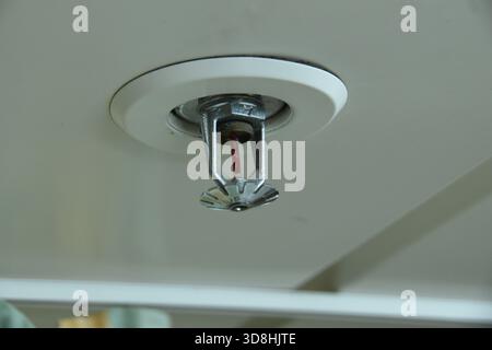 Sprinkler Head, Indoor Fire fighting equipment, on white ceiling. Stock Photo