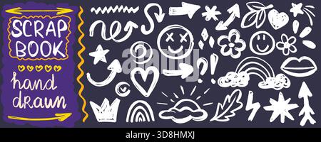 Hand drawn doodle set of simple kids illustrations. Simple scribbled chalk icons. Graphic elements for notes, diary  and collage. Vector, sketch Stock Vector