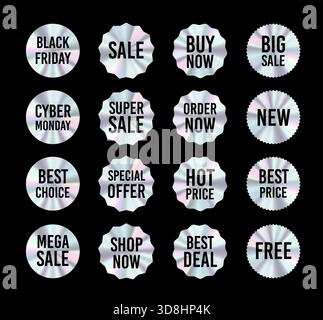 Set of shiny holographic round and star-shaped sale stickers with black text for Black Friday, Cyber Monday, and seasonal promotions. Vector design Stock Vector