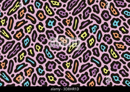 Seamless vibrant leopard print pattern with rainbow colors on pastel pink background, cartoon style. Stock Vector