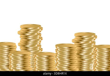 Realistic golden coins stacked in piles on a white background. Perfect for finance, gaming, or money-related projects, banners, and illustrations. Stock Vector