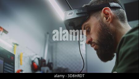 Close Up of Technician Calibrating FPV Drones. Man Checking Speed Controllers and Calibrating Components on Quadcopter Frames. Concept of Intensive Assembly and Calibration Process Drone Production. Stock Photo