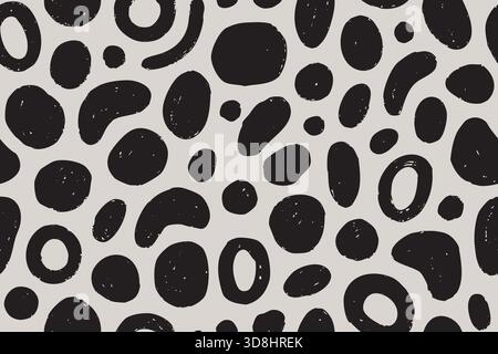 Hand-drawn animal pattern with textured black shapes on beige seamless background. Stock Vector