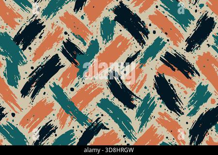 Seamless Diagonal brush strokes in orange, teal and black create dynamic repeating pattern. Stock Vector