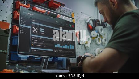 Engineer Programming FPV Drone Parameters on Computer Software. Man Configures and Programs Drone Using Specialized Software Showing 3D Model. Digital Configuration and Fine Tuning For Optimal Flight. Stock Photo
