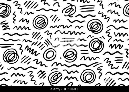 Playful hand-drawn scribble circles and wavy lines forming a seamless monochrome pattern. Stock Vector