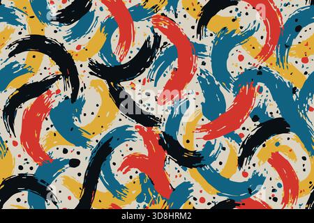 Seamless Vibrant swirling paint strokes in red, blue, yellow and black on cream background. Stock Vector