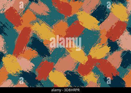 Seamless Expressive diagonal brush strokes in red, orange, yellow, teal and navy in a seamless design. Stock Vector