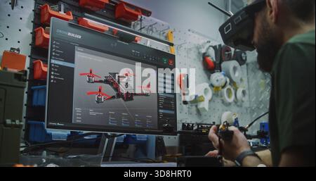 Engineer Programming FPV Drone Parameters on Computer Software. Man Configures and Programs Drone Using Specialized Software Showing 3D Model. Digital Configuration and Fine Tuning For Optimal Flight. Stock Photo