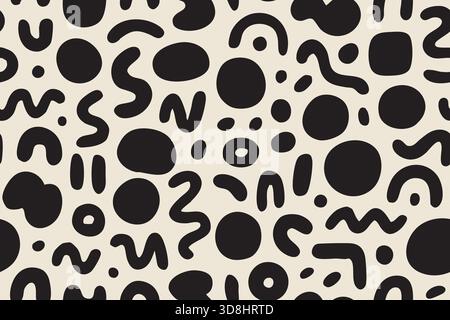 Seamless print featuring bold black curves and shapes on cream color background. Stock Vector
