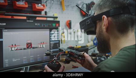 Pre Flight Validation Engineer Testing and Adjusting Drone Performance Parameters. Man Actively Testing Drone Performance Parameters. Concept Critical Pre Flight Validation Process in Specialized Lab. Stock Photo