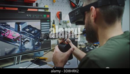 Pre Flight Validation Engineer Testing and Adjusting Drone Performance Parameters. Man Actively Testing Drone Performance Parameters. Concept Critical Pre Flight Validation Process in Specialized Lab. Stock Photo