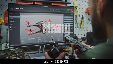 Setup Programming Firmware and Analyzing Drone Telemetry Data. Specialist Deeply Engaged in Programming Drone Firmware and Analyzing Telemetry Data on Desktop Computer. Complex Flight Simulation. Stock Photo