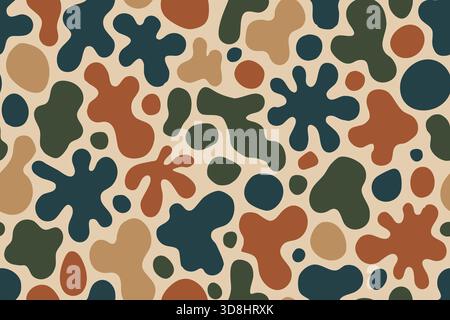 Seamless Random organic blobs in earthy green, orange, beige and dark blue on light background. Stock Vector