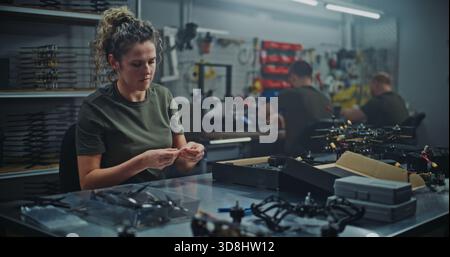 Female Technician Engaged in Hands on Assembly of Modern FPV Quadcopter, Connecting Small Parts Frame. Concept Meticulous Production Process and Quality Control in Professional Tech Facility. Stock Photo
