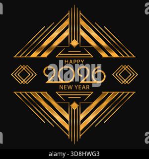 Elegant vector Art Deco frame featuring geometric golden lines and a stylish New Year 2026 greeting typography Stock Vector
