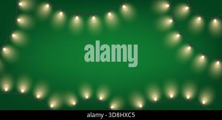 Christmas fairy lights green background with festive yellow light bulb garlands and copy space Stock Vector