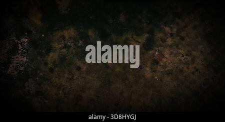 Dark, dirty, and textured cement or concrete surface background, featuring deep black, brown, and green mossy stains. Has a rugged, grunge aesthetic w Stock Photo