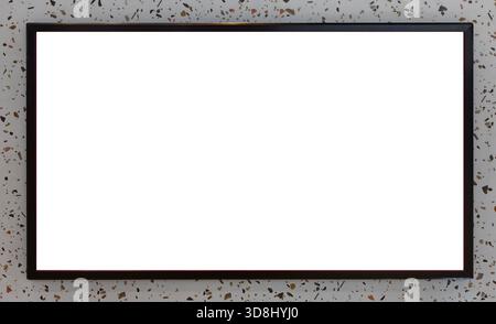 Empty black metal picture frame with a thick border, mounted horizontally on a stylish, multi-colored speckled terrazzo or marble-effect wall backgrou Stock Photo