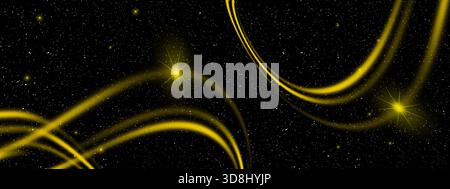 Abstract space background with dark, starry night sky backdrop. Features dynamic sweeping yellow and golden glowing light trails and prominent starbur Stock Photo
