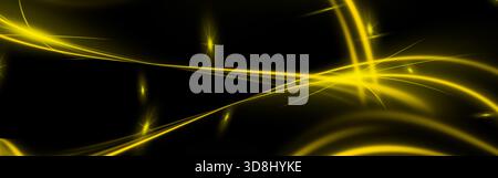 Abstract space background with dark, starry night sky backdrop. Features dynamic sweeping yellow and golden glowing light trails and prominent starbur Stock Photo