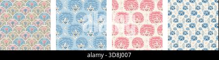 Flowers seamless pattern. Floral Indian chintz endless backgrounds collection. Chintz retro pink and blue repeat covers set. Botanical modern design c Stock Vector