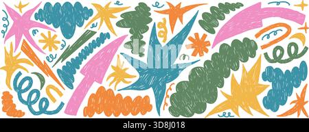 Hand-drawn crayon shapes and abstract geometric figures create a playful collage. Colorful blobs elements, stars, arrows, and doodles form a funky Y2K Stock Vector