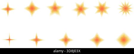 Stars grain noise orange gradient shapes. Retro y2k stippling yellow twinkle forms transition set. Golden tones blinks icons isolated. Vector spray pa Stock Vector