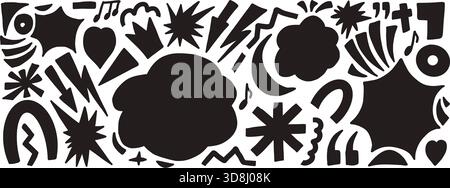 Bang boom text boxes silhouette background. Geometric and organic abstract figures silhouettes. Paper collage with stars, arrows, heart, and doodles. Stock Vector