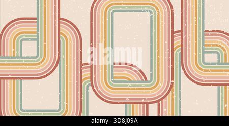 Retro boho geometric lines background. 70s rectangles path abstract pattern wallpaper. Vector horizontal vintage rounded corners squares stripes desig Stock Vector