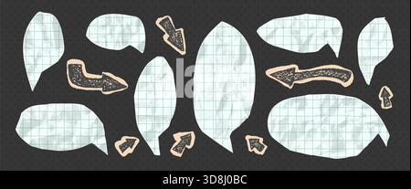 Paper dialogue balloons. Speech bubbles grid school collection with rough crumpled texture. Kids chat bubble, torn math paper stickers, wrinkled speec Stock Vector