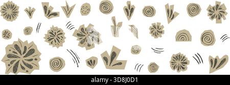 Hand-drawn firework sticker doodles. Collage cutout burst with crayon strokes. Scrapbook stars, confetti circles, and radial light rays. Firecracker v Stock Vector