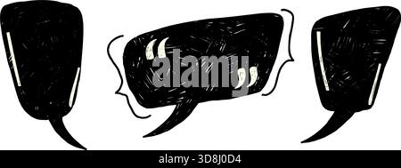 Scribble quote cloud boxes. Speech bubbles with quotation marks, brackets. Hand drawn chalk pencil text boxes frames set. Black in crayon feedback cal Stock Vector