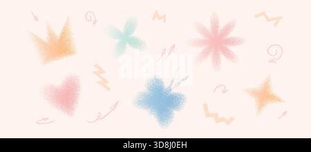 Y2K grain gradient butterfly flower, heart icons. Dot gradation airbrush twinkle spray illustration for decoration graphic backgrounds. Vector vintage Stock Vector