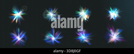 Luminous prism flare with diamond sparkle and rainbow refraction creates a stunning light effect. Lens glow flares for modern designs and creative pro Stock Vector