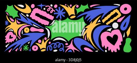 Bang text box multi colours background set. Geometric and organic abstract naive figures. Y2K paper collage with arch stars, arrows, heart, and doodle Stock Vector