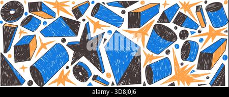Scribbles abstract geometric shapes with crayon texture. Naive kids irregular geometry elements in markers doodles. Organic vector brush-stroke figure Stock Vector