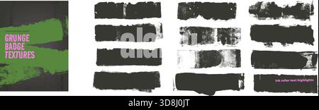 Grunge urban wall badges textures. Straight black wide lines. Paint roller brush strokes rough edges. Gritty textured highlights. Vector thick printma Stock Vector