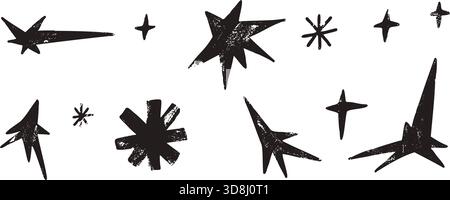 Hand drawn stars, snowflake asterisk icons. Doodle twinkles shape set. Handmade scribble magic twinkle collection. Spark blink stickers. Simple charco Stock Vector