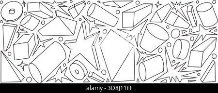 Geometric figures pattern. Playful doodle elements featuring 3d triangles, stars, cylindric. Black scribble line childish illustrations for creative p Stock Vector