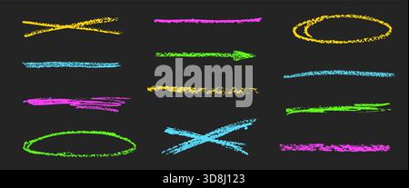 Neon colorus chalk underlines. Brushstroke bold pencil freehand dividers lines set. Handwritten crayon textured streak, emphasis elements on blackboar Stock Vector