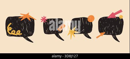 speech bubbles promo stickers crayon naive drawn. Chat dialogue with sparks, arrows. Text boxes sketches with chalk-like texture. Hand-drawn black doo Stock Vector