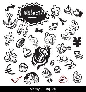 Set of Objects Items Elements Icons with Currency, Euro and Dollar Money Doodles in Black and White - Vector Design Illustration Handdrawn Stock Vector