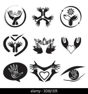 Set of nine Spirituality, Hand Icons Logos - Vector Design in Black and White Colors Stock Vector