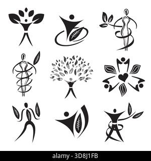 Set of nine Body Icons with Leaves and Foliage Elements Vector Design in Black and White Stock Vector