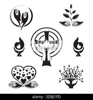 Set of seven Spirituality, Hand Icons Logos - Vector Design in Black and White Colors Stock Vector
