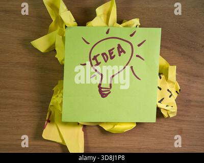 Creative Idea Sticky Note on Wood Desk - A vibrant green sticky note with a hand-drawn lightbulb and 'IDEA' stands out on a wooden desk, surrounded by Stock Photo